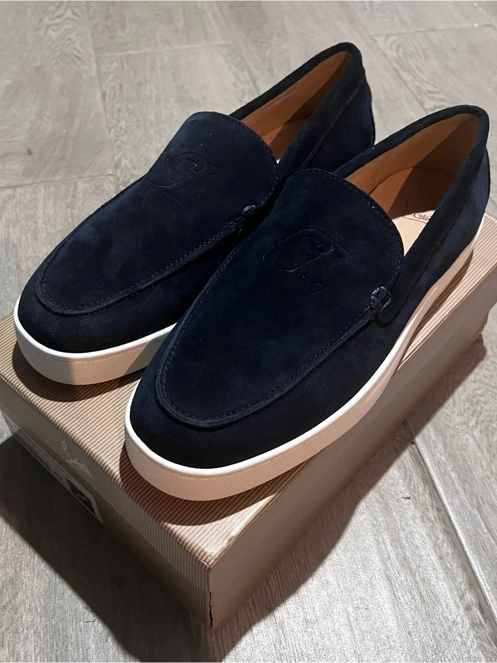 Christian Louboutin Navy Suede Slip-On Loafers with White Sole
